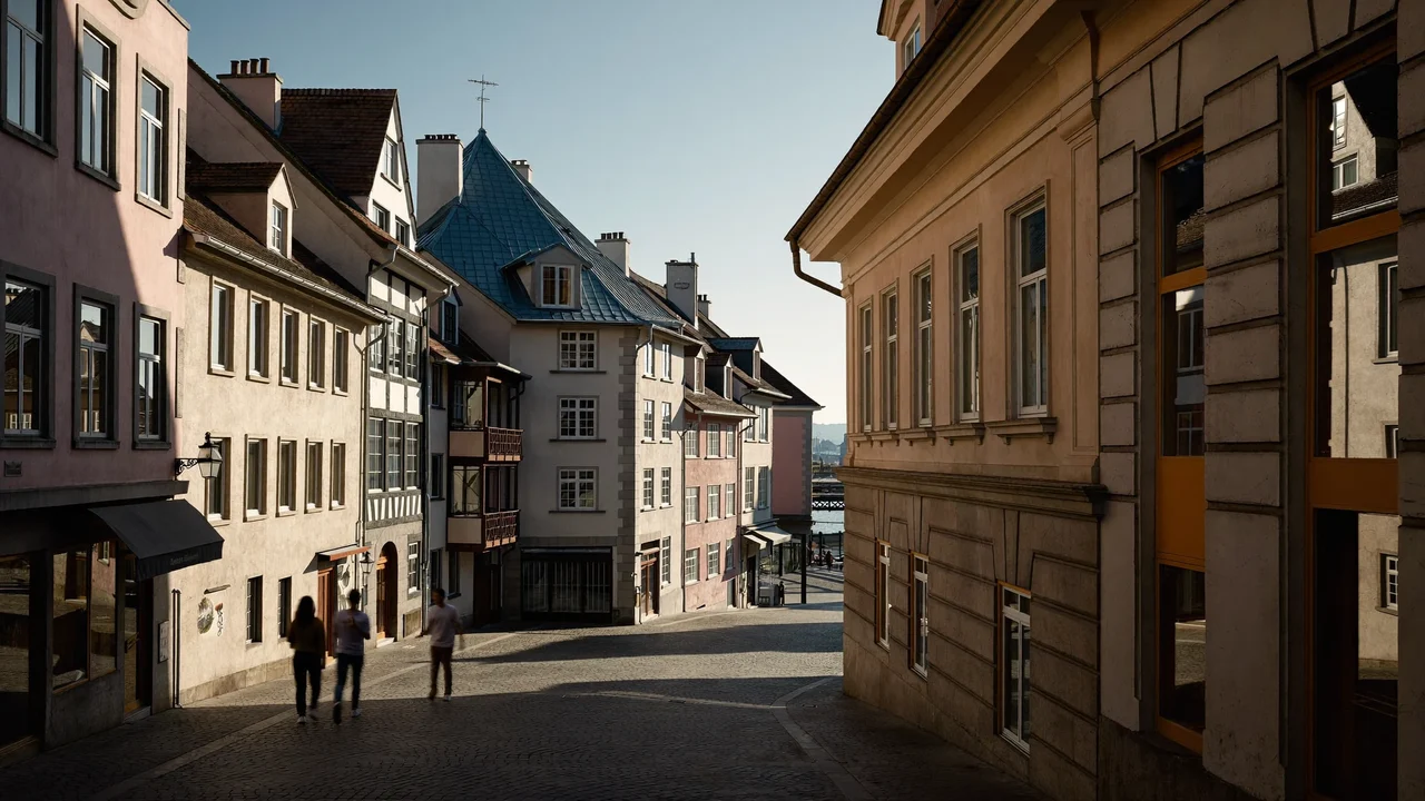 Illustration: historische Gasse in der Zürcher Altstadt im weichen Morgenlicht
