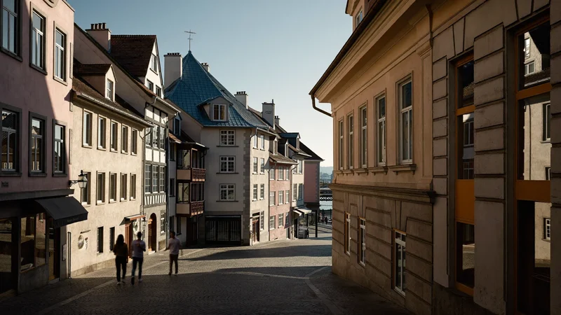 Illustration: historische Gasse in der Zürcher Altstadt im weichen Morgenlicht
